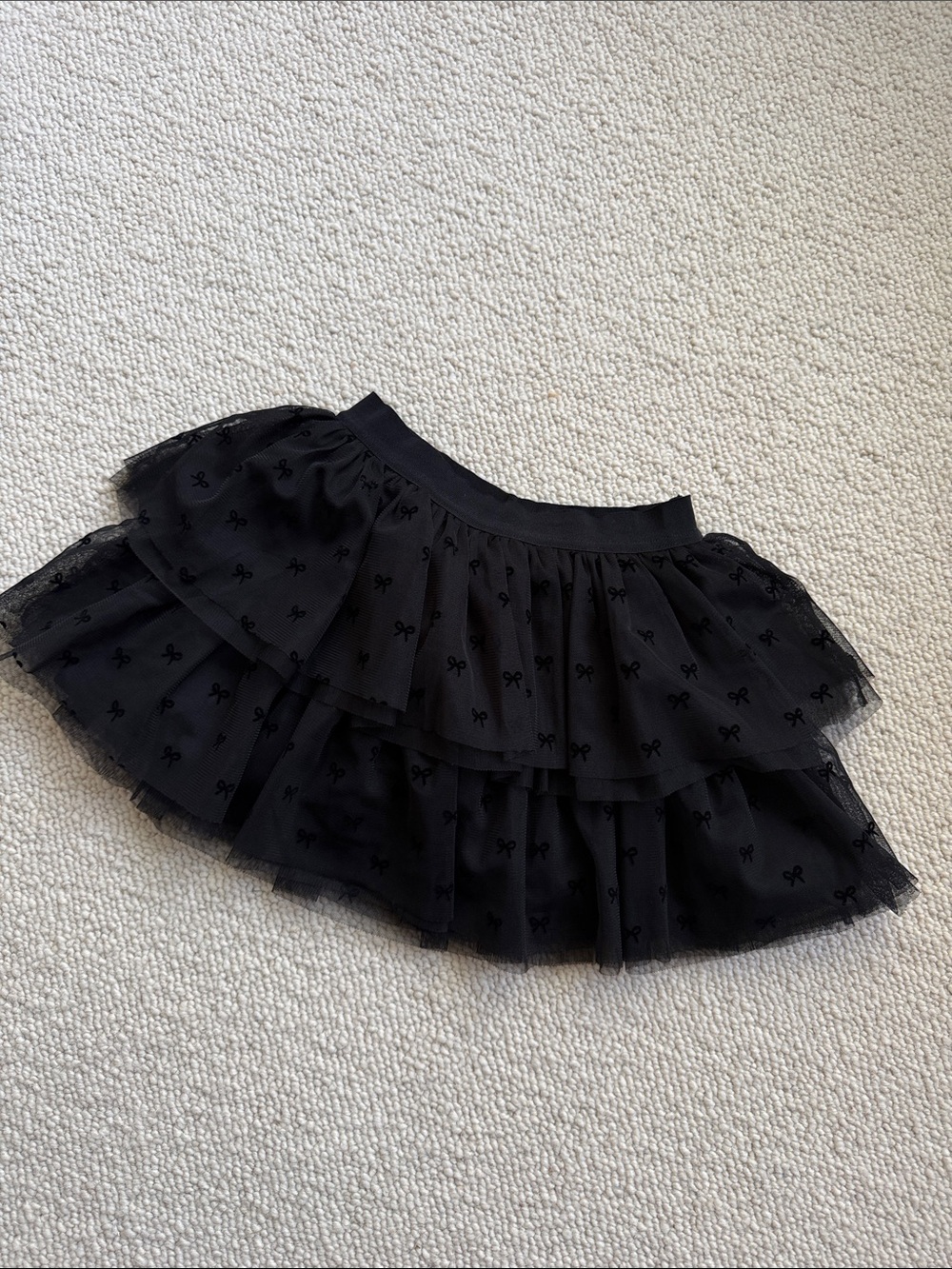 Girls Black Tiered Tulle Mini Skirt with Bow Motif